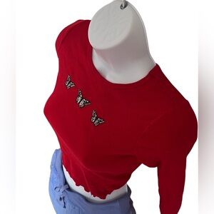 Hollister Red Crop Top with Butterfly Accents